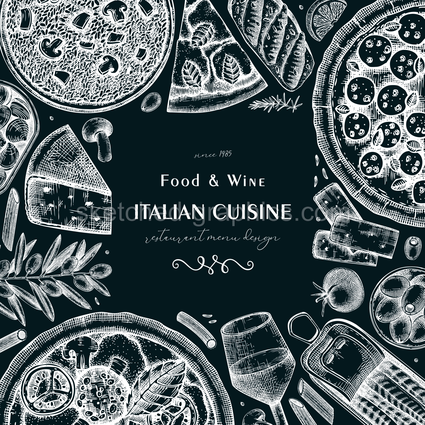  Italian cuisine frame design on chalkboard. Hand drawn pizza, pasta, risotto with mushrooms, and canape. Mediterranean food vector background in sketch style  Illustration